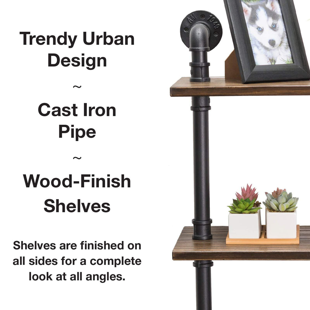 3-Tier Rustic Wooden Wall Floating Shelf Display 24"x36" With Iron Pipe