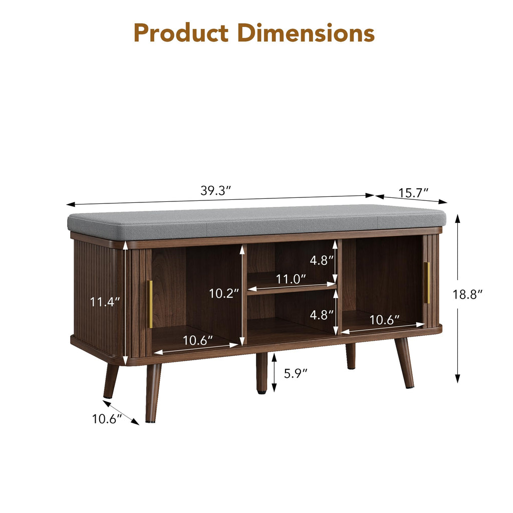 Shoe Storage Bench with Cushion and Sliding Doors, 39 Inch Shoe Bench with Storage, Freestanding Entryway Bench with
