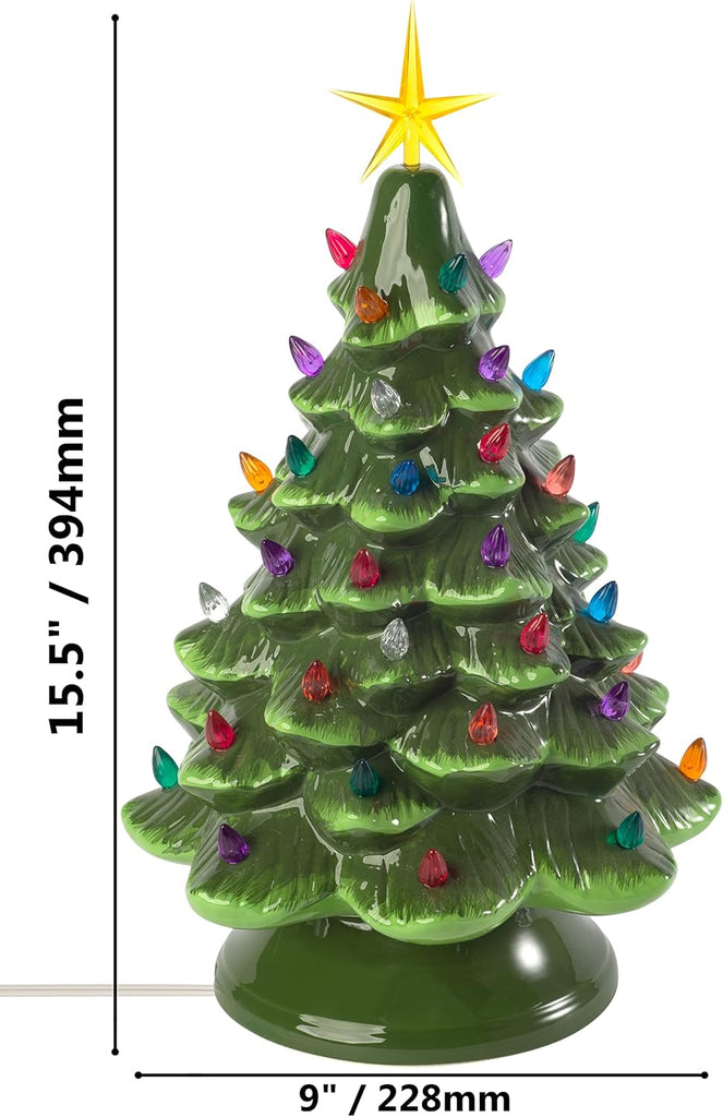 Classic Ceramic Christmas Tree - 15.5" Vintage Green Tree with Separate Base, Multi-Color Lights, Power Cord, Bulb