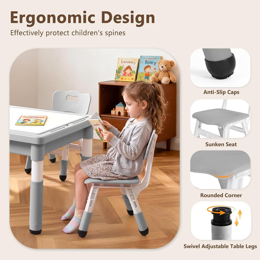 Kids Table & 2 Chairs Set, Adjustable Heights, Storage, Grey