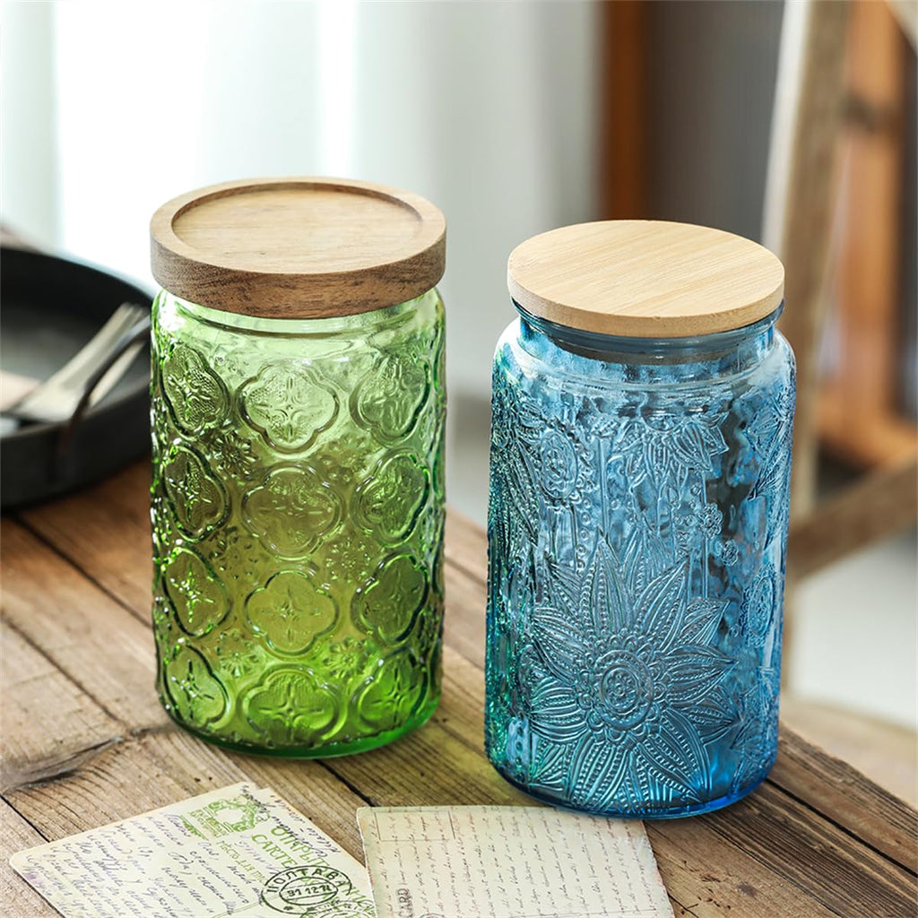 2-Pack 34 oz Green Glass Storage Jars, Begonia Pattern, Airtight Wood Lids