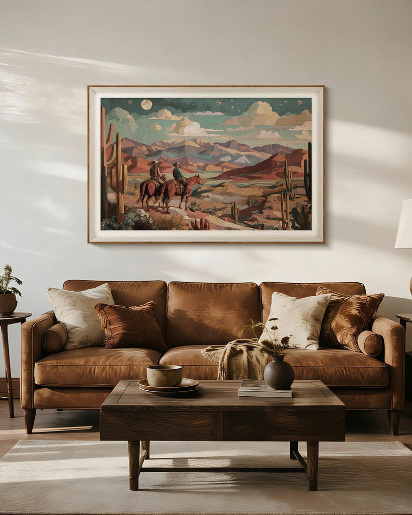 Classic Framed Canvas Wall Art, 24x36 Inch Large Cowboy Painting Treasure Hunter Artwork Decor, Western Vintage Sky