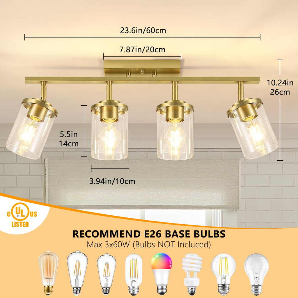 Kitchen Track Lighting Fixtures Ceiling, Gold Semi Flush Mount Ceiling Light with Clear Glass