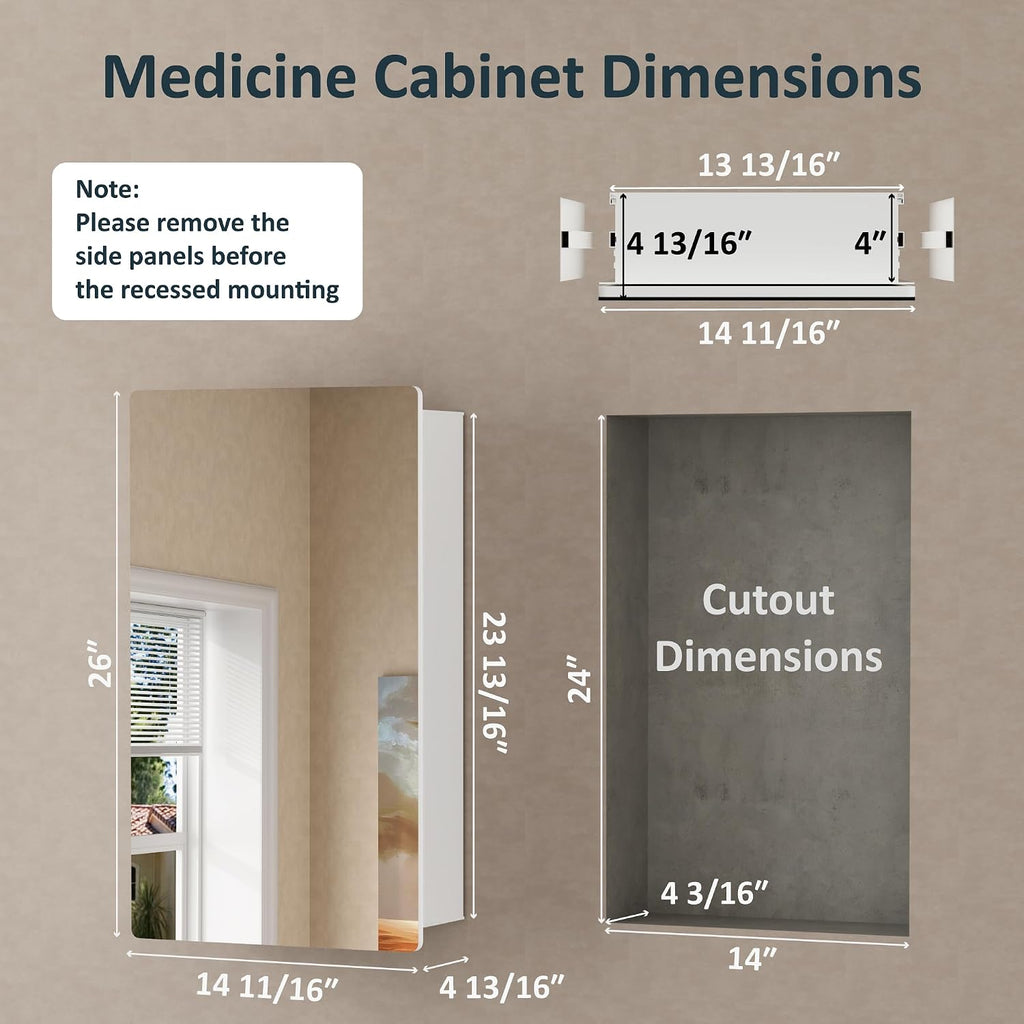 14 x 24 Inch Recessed Medicine Cabinet with Mirror , White | Wall Mounted Cabinet for Storage, Adjustable Glass