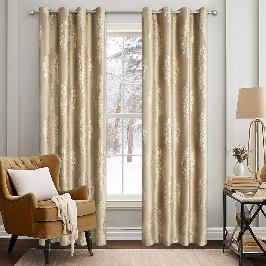 Velvet Curtains 96 Inches Long, Brown Floral Pattern Blackout Drapes, Soft Touch Vintage Window Treatment, 52 x 96, 2