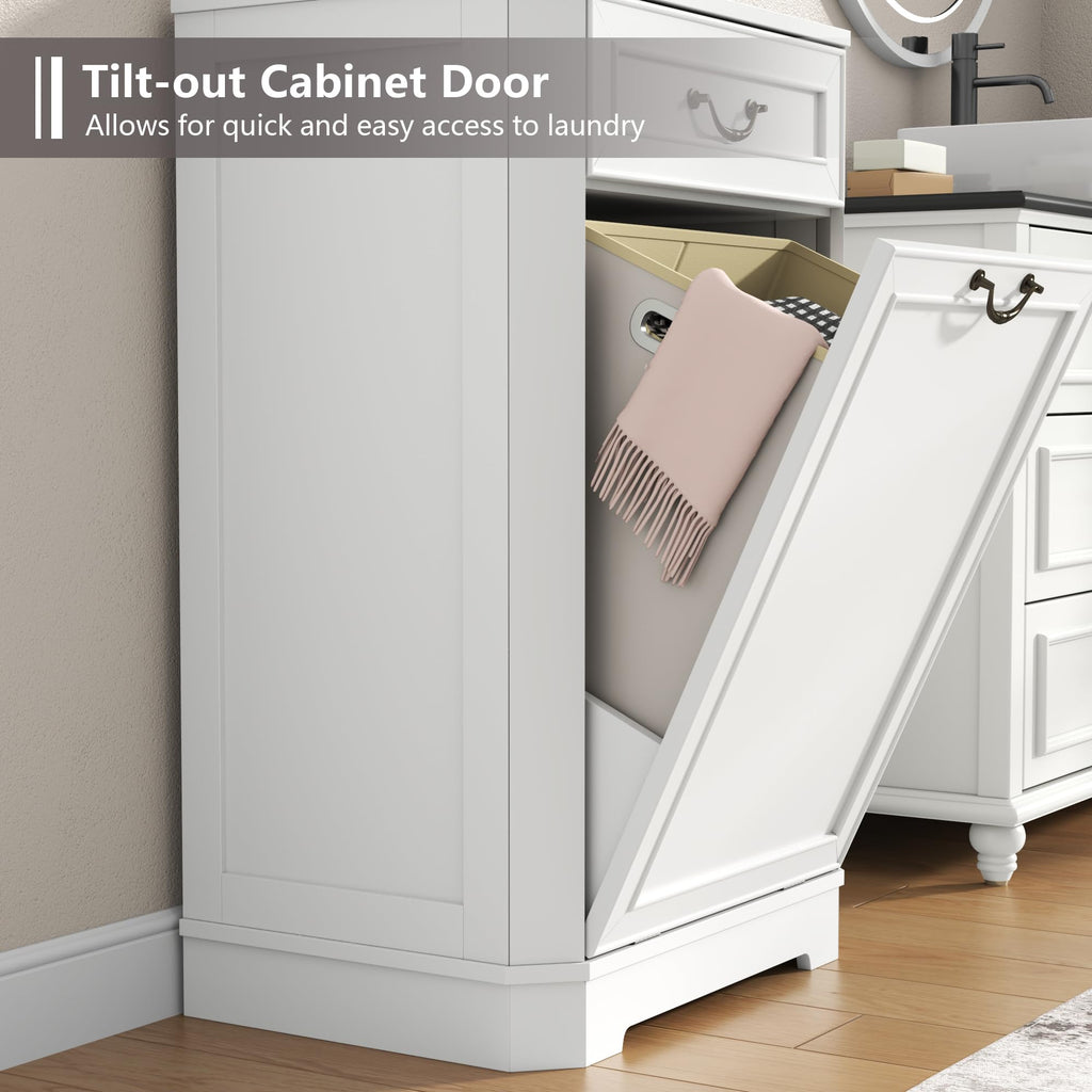 Tilt Out Laundry Hamper Cabinet, Hidden Laundry Cabinets w/Drawer & Basket