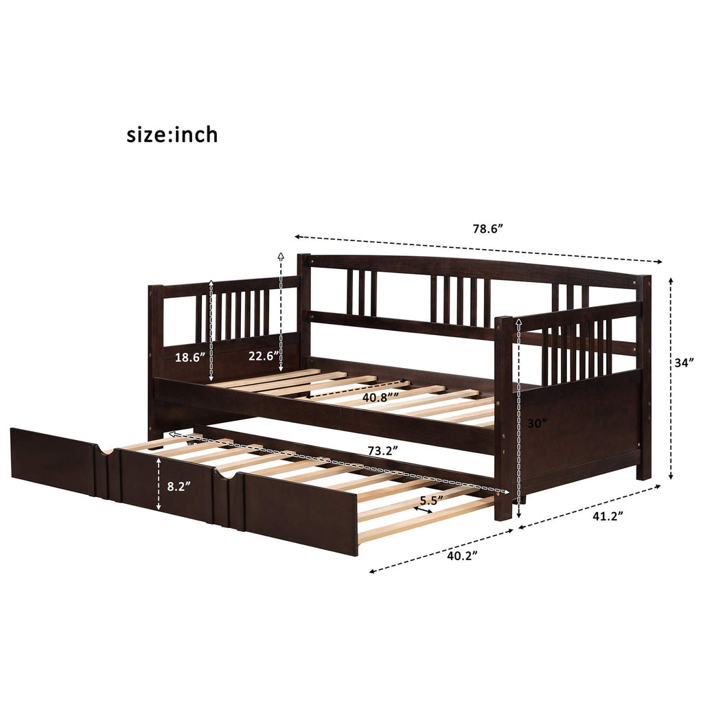 Twin Wood Daybed with Rails, Twin Bed Wooden Slats Support Modern Living Daybed with Trundle Bed, Espresso