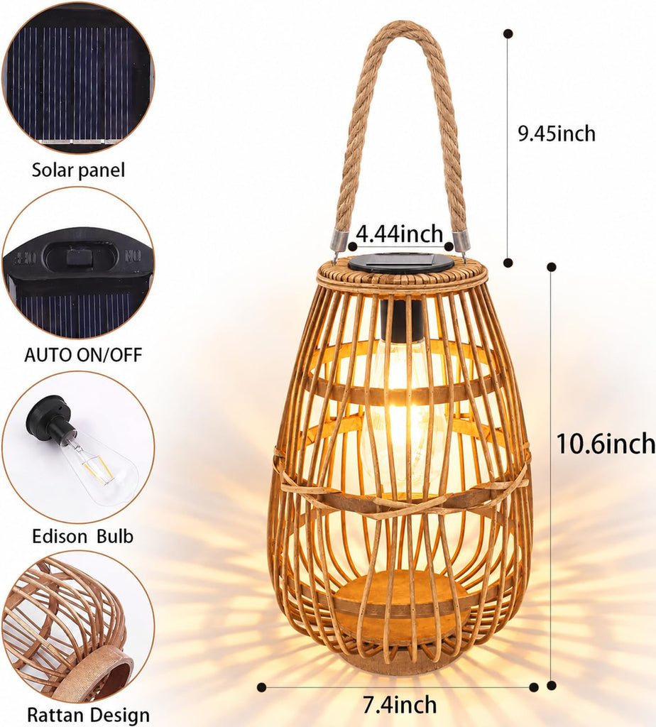 Rattan Solar Lantern, Large Outdoor Waterproof Hanging/Tabletop