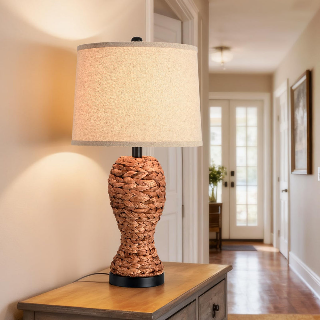 24.4" Boho Woven Seagrass Table Lamp | Rustic Farmhouse, Rattan Bedside Nightstand Lamp, Retro Wicker