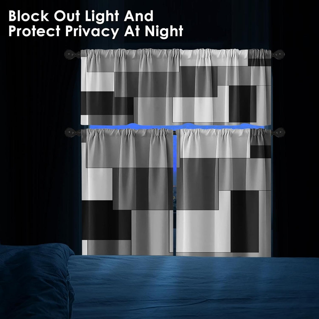 Black White Gray Kitchen Window Curtains Valance and Tier Set 36 Inch, Dark Grey Modern Geometric Rod Pocket Short