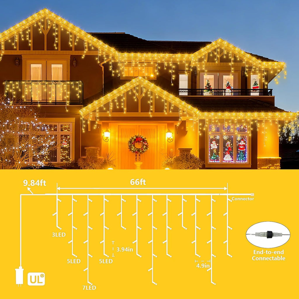 66ft 800 LED Icicle Lights Outdoor, 160 Drops Icicle Christmas Light Connectable, 8 Modes Warm White Xmas Icicle