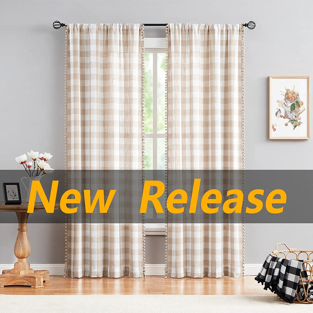 Buffalo Check Curtains 84" Pom Pom Farmhouse Gingham Drapes