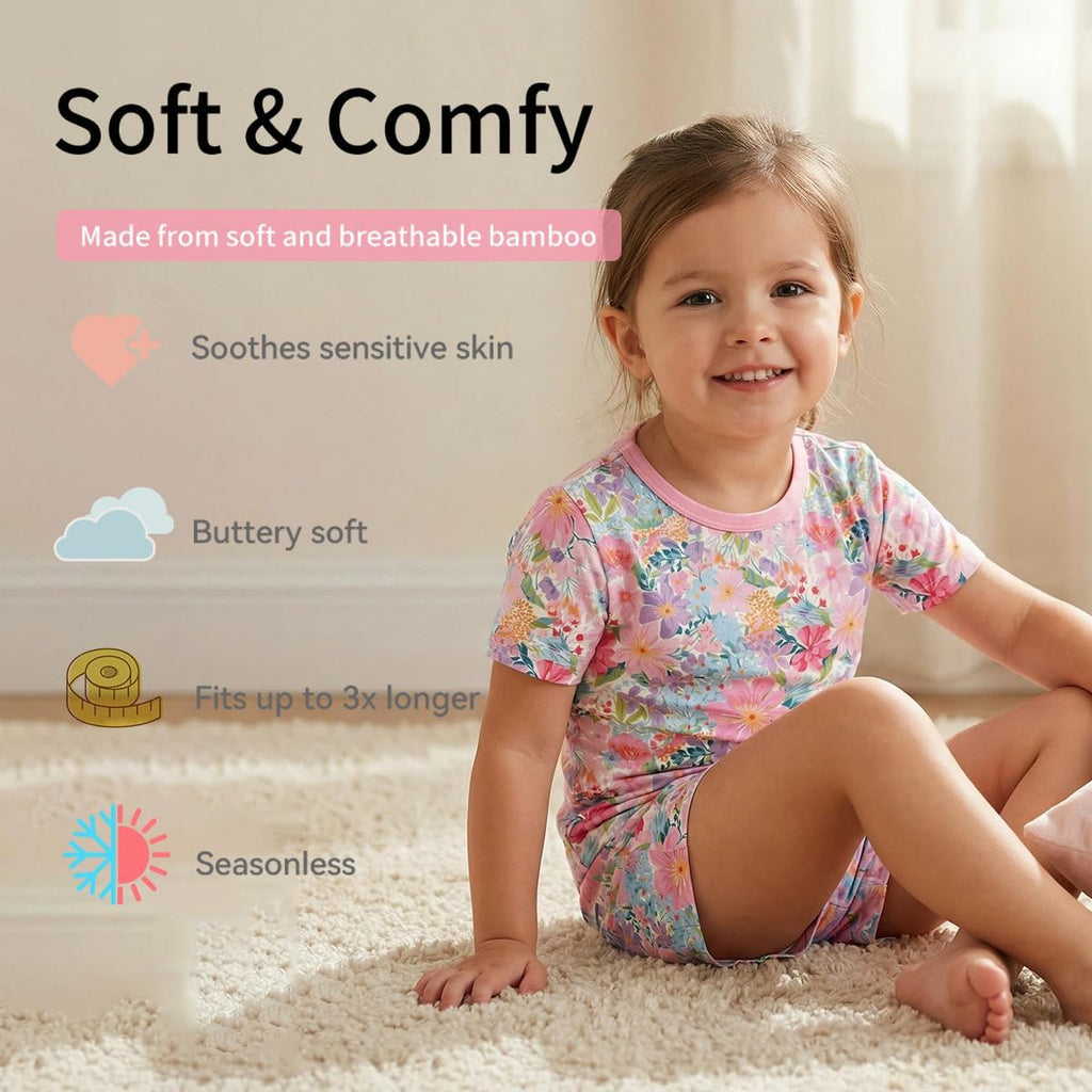 Bamboo Viscose Pajamas Toddler Boys Girls, Kids Short Sleeve Pajama Set 2pcs Summer Sleeper Snug fit Pjs