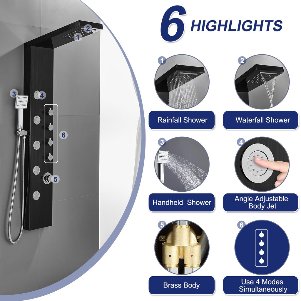 4-in-1 Rainfall Waterfall Shower Panel Tower System, Black