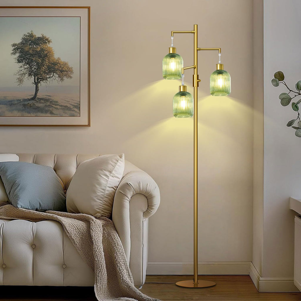 Modern Floor Lamps, Glass Standing Lamp with Green Shade, Dimmable Ribbed Glass 3 Lights Floor Lamps, Mid Century