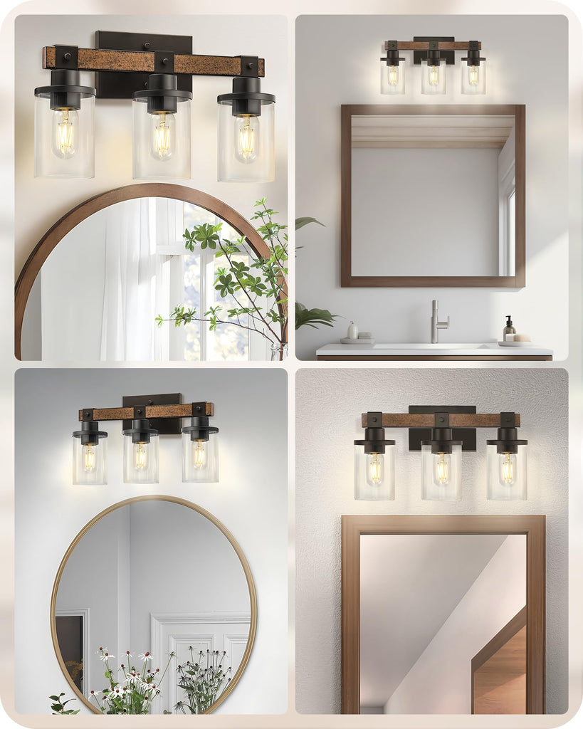 3-Light Bathroom Light Fixture, Farmhouse Vanity Lights with Glass Shade, Rustic Bathroom Light Fixtures, E26 Base