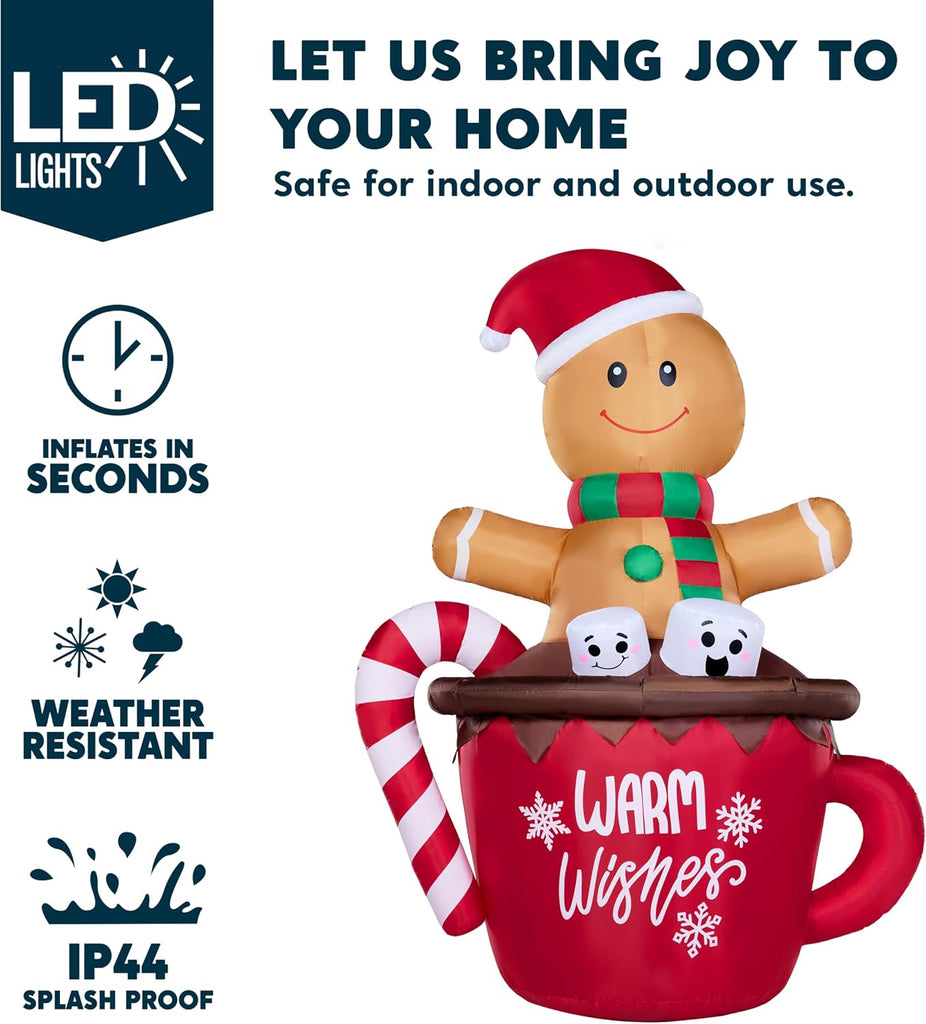 6 FT Christmas Inflatables Gingerbread Outdoor Decorations, Gingerbread Man in Hot Cocoa Mug with LEDs, Cute