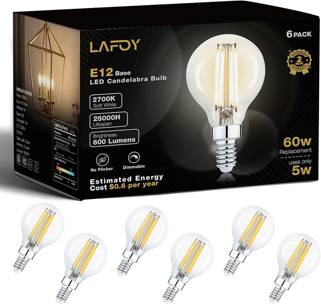 Round E12 Candelabra Bulbs G16.5 60W Equivalent, Dimmable LED Chandelier Light Bulb Soft White 2700K, Globe Lightbulb