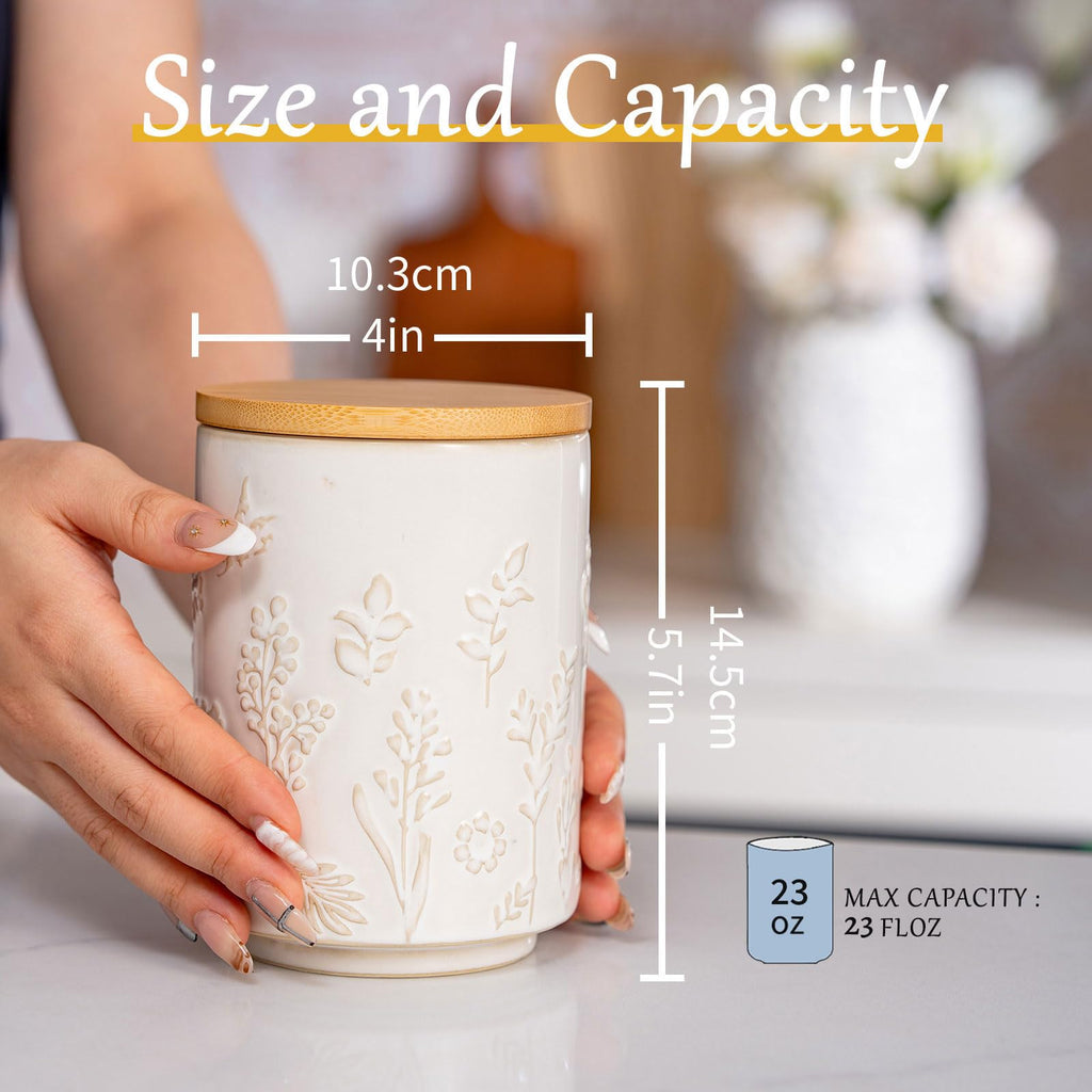 Embossed Ceramic Canister with Airtight Lid, 23oz Decorative Storage Jar for Coffee, Tea, Sugar, Flour & Cookies