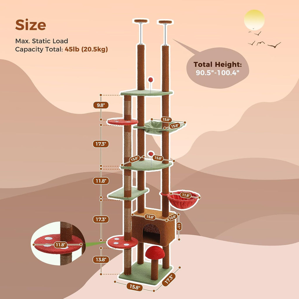 Floor to Ceiling Cat Tree Tower, Height Adjustable 230-252cm, Brown