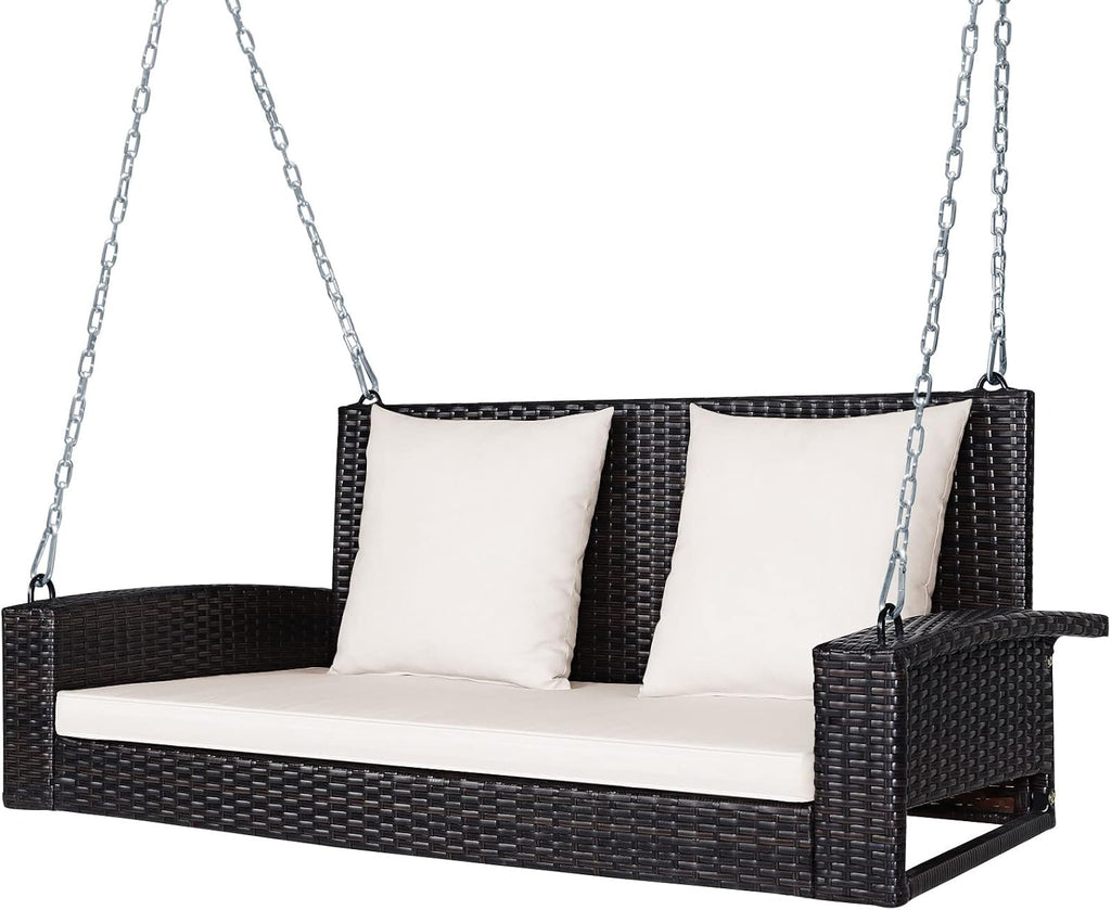 2-Person Wicker Porch Swing, Patiojoy Outdoor Rattan Hanging Swing Bench W/ 2 Back Cushions & 1 Seat Cushion, Sturdy