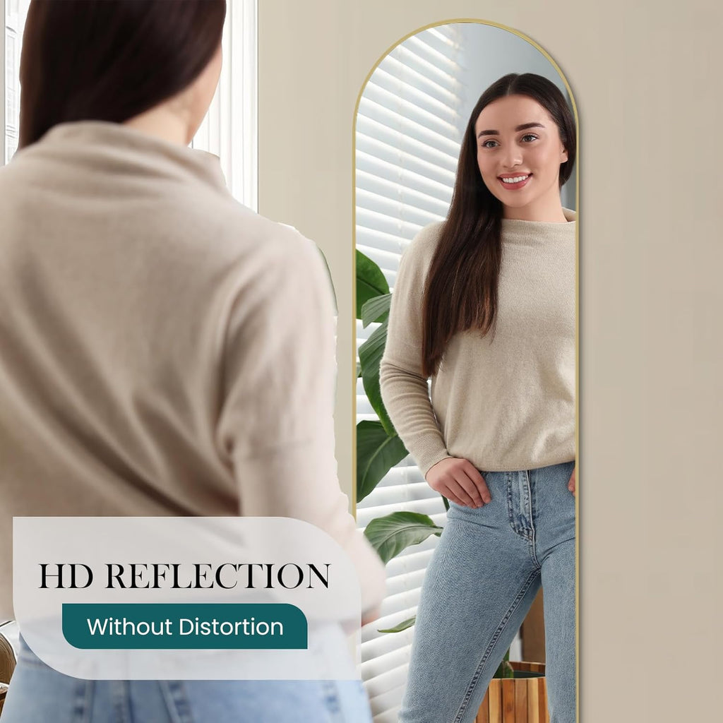 59"x16" Arched Full Length Mirror, Full Body Floor Mirror, Gold, Aluminum Alloy Thin Frame, Wall or