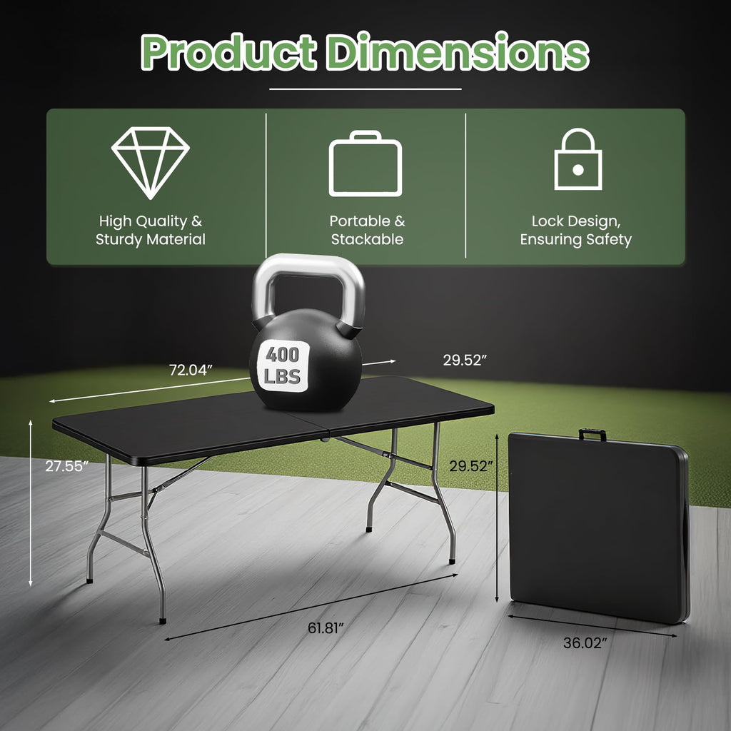5 Pack 6FT Black Plastic Folding Tables, Fold-in-Half