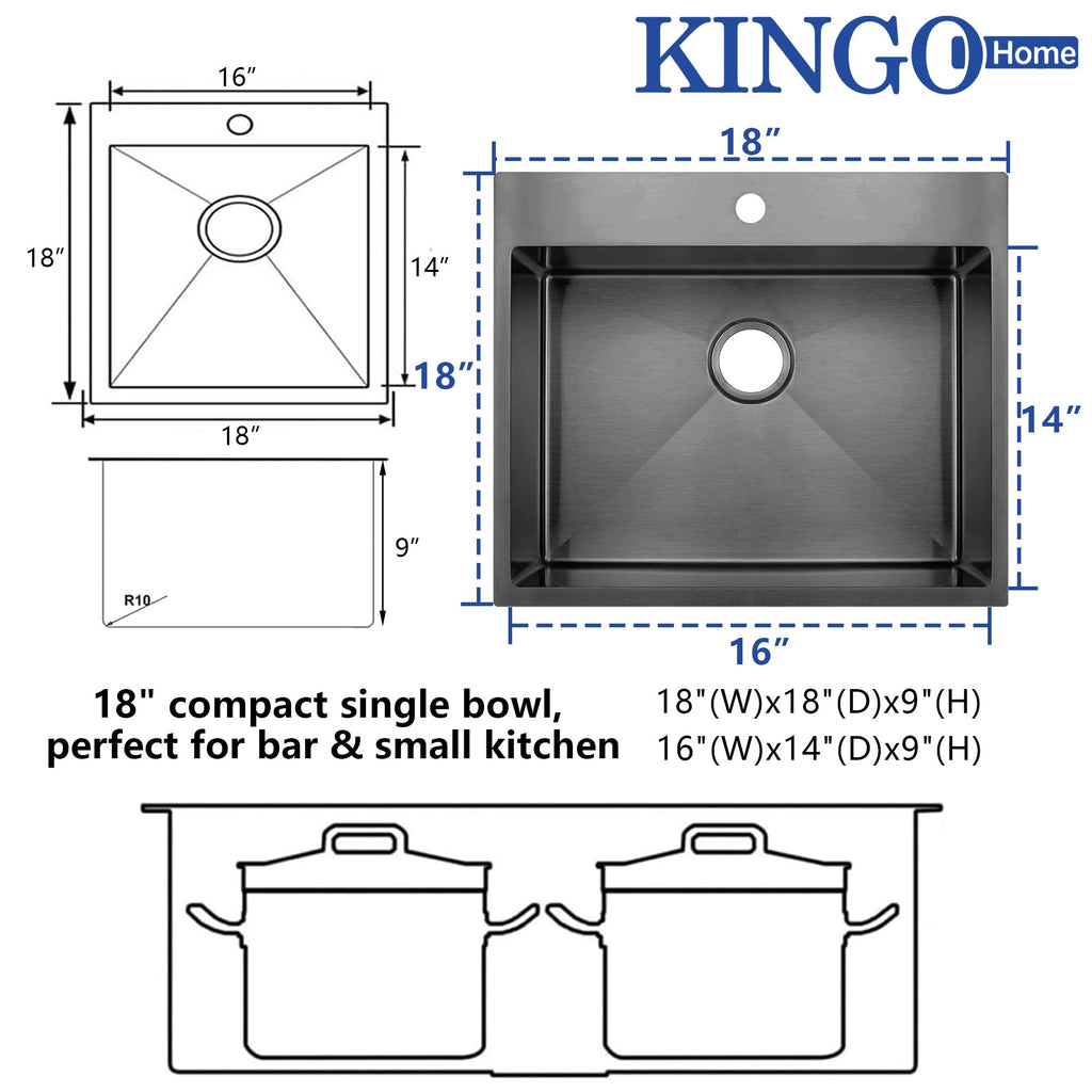 18x18 Inch Black Drop In Bar Sink, Small Kitchen Sink, with Drain