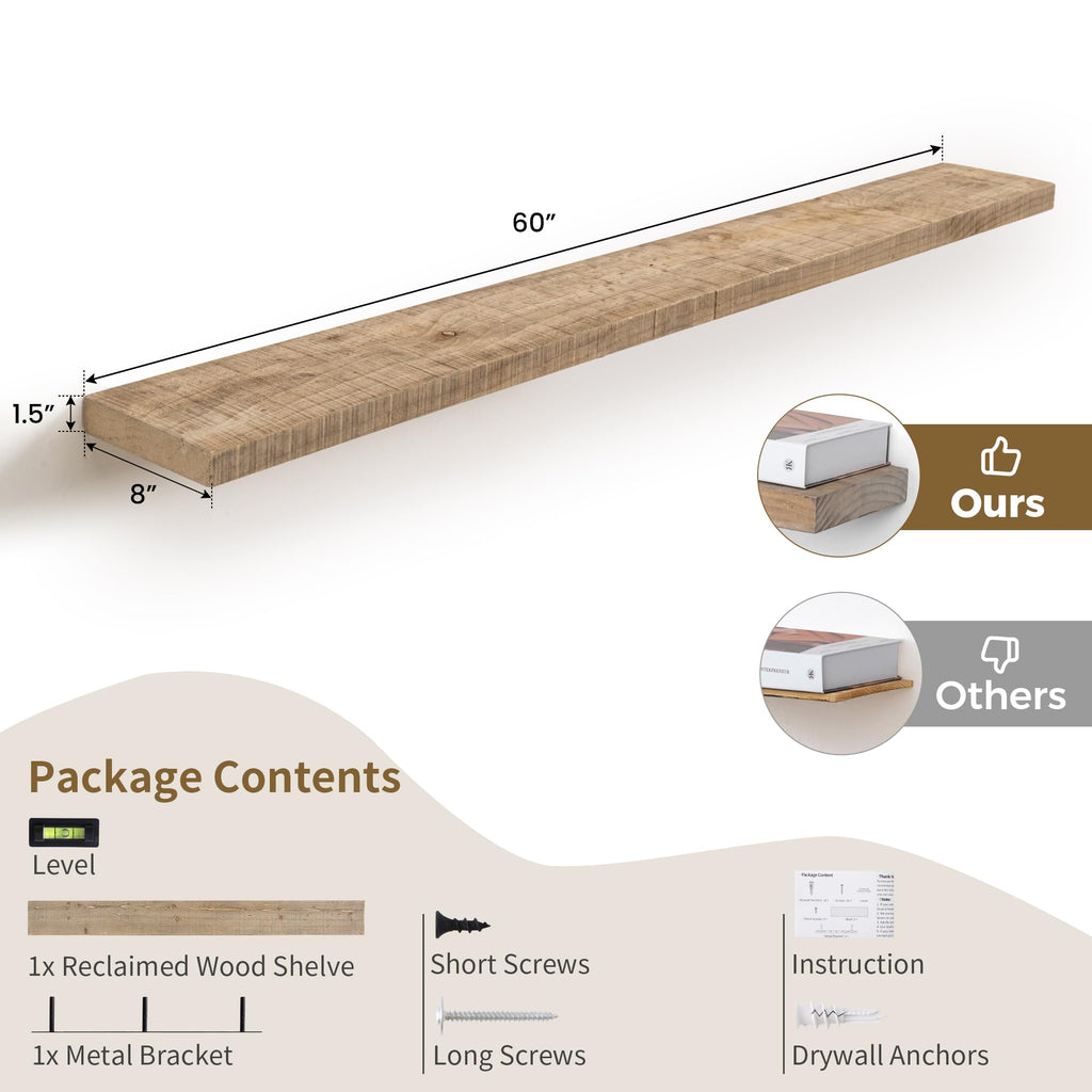 60 Inch Long Wood Floating Shelf, Solid Rustic Reclaimed Barnwood Planks 8 Inch Deep Floating Wall Mounted Shelves