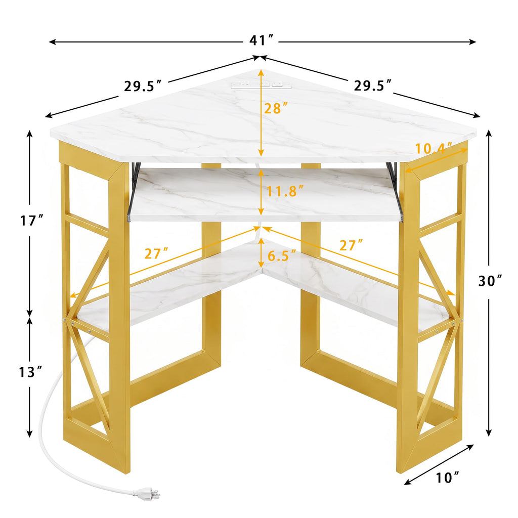 Corner Desk, Triangle Computer Desk for Small Space with Charging Station and Keyboard Tray, Corner Makeup Table with