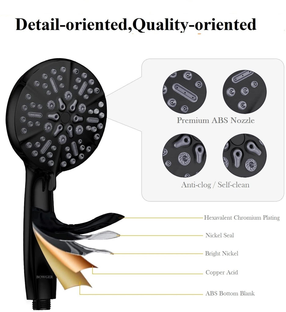 Matt Black Shower Head with Handheld Spray High Pressure-Multifunction Strong Flow Rain Massage Showerhead with Extra
