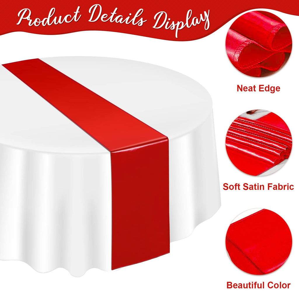 12 Pack 12x108 Inch Satin Table Runner and 84 Inch Round Plastic Tablecloths Set Red and White Disposable Round Table