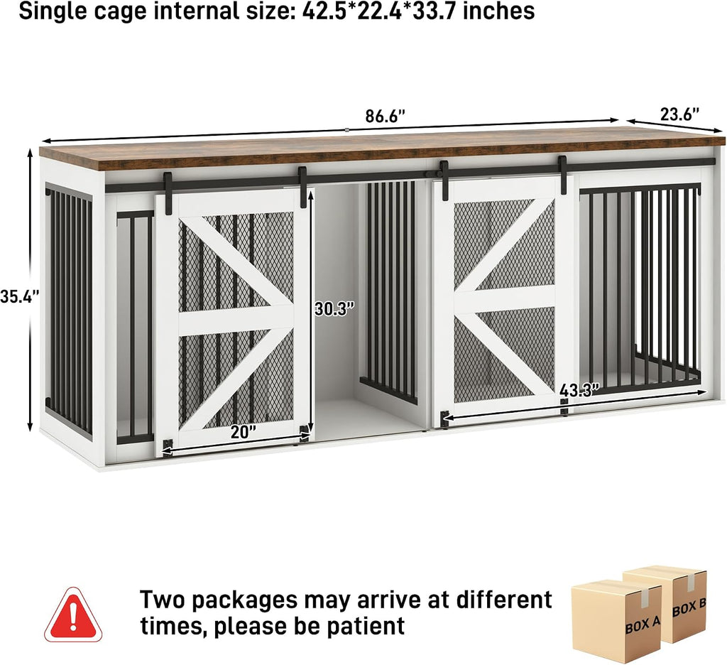 Farmhouse Dog Crate TV Stand, Wooden Dog Kennel Furniture with Sliding Metal Mesh Barn Door, Large Dog Crate