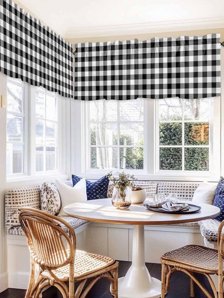 Black White Checkered Curtain Valances for Windows, Farmhouse Kitchen Valance Window Treatments Panel 2 Pack, Buffalo