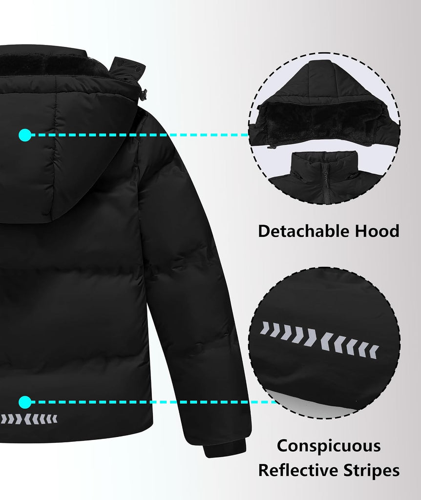 Kids Winter Coat Warm Fleece Thermal Padded Jackets with Detachable Hood Outdoor Puffy Jacket with Zip Pockets