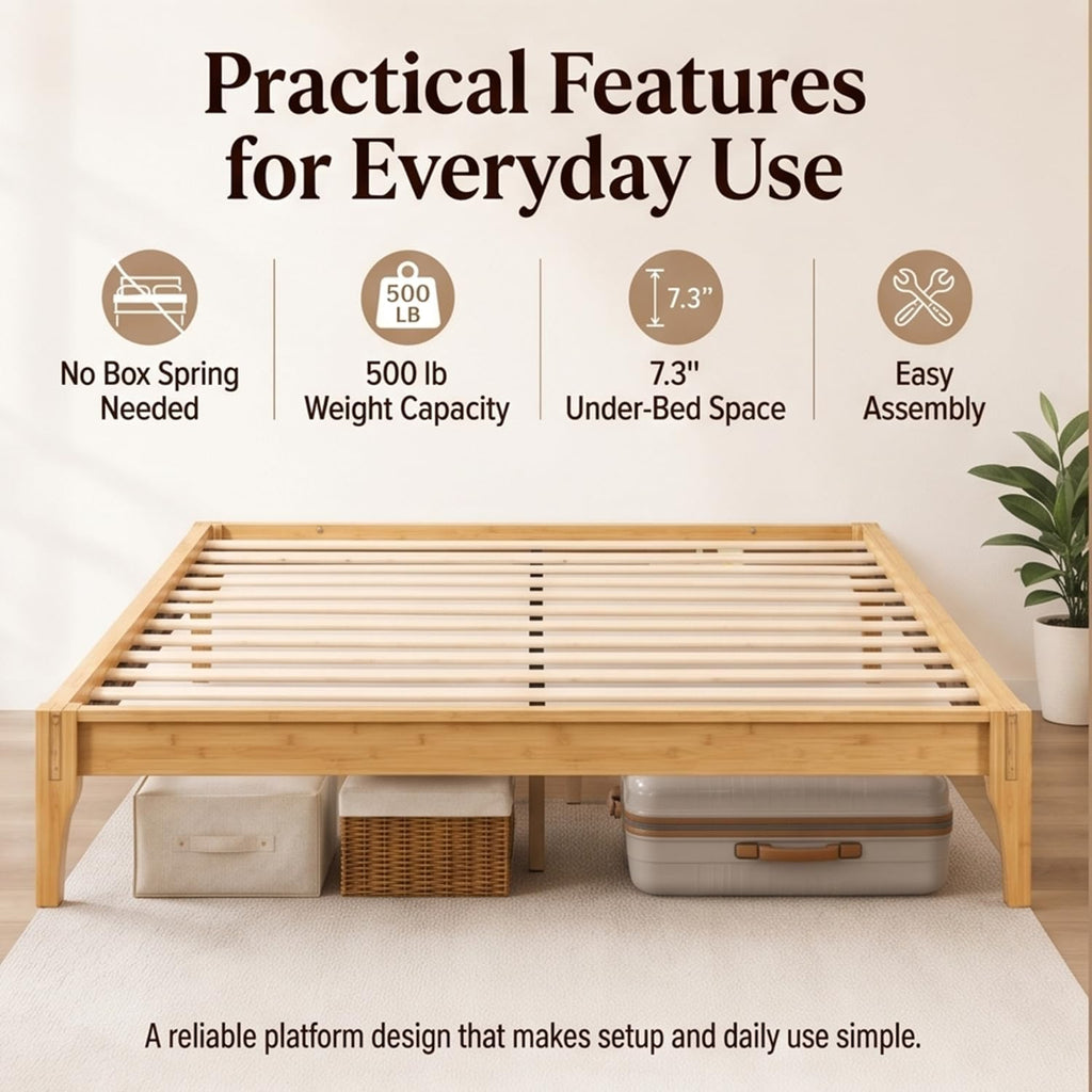Natural Japanese Bed Frame, 12" H Low Profile Bamboo Bed Frame Without Headboard, Minimalist Wooden