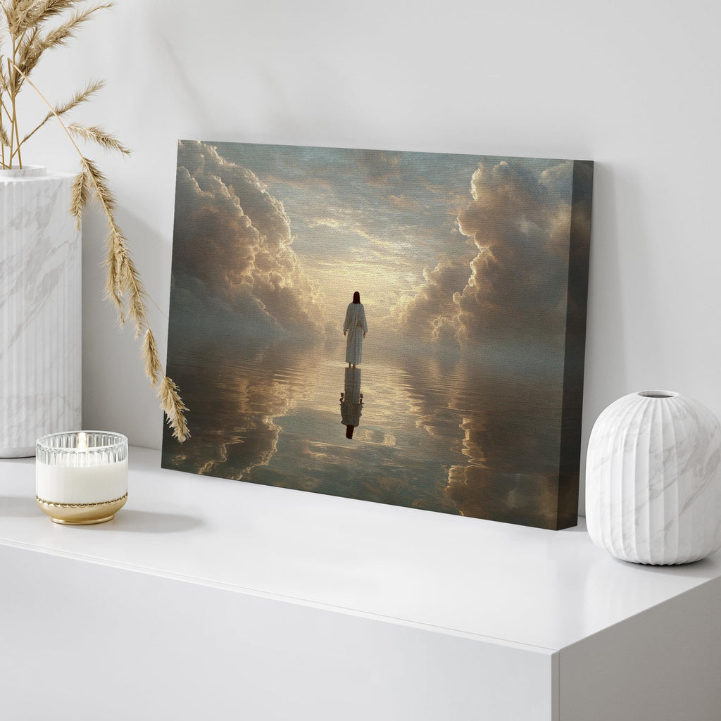 Canvas Print Wall Art Heavenly Light Spiritual Figure Walking on Water Clouds Illustrations Fine Art Traditional