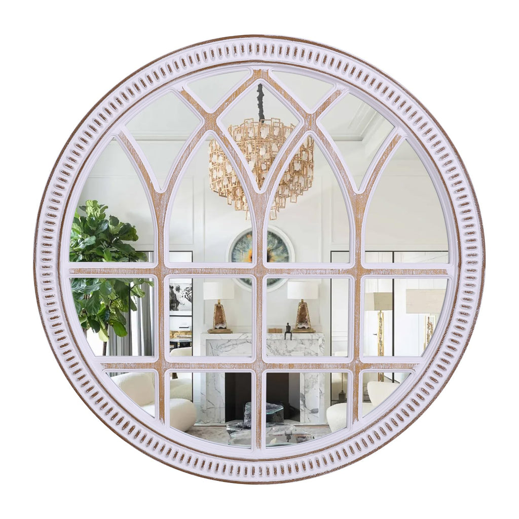 Rustic Farmhouse Round Window Mirror, 36 Inch Wood Frame Wall Mirrors