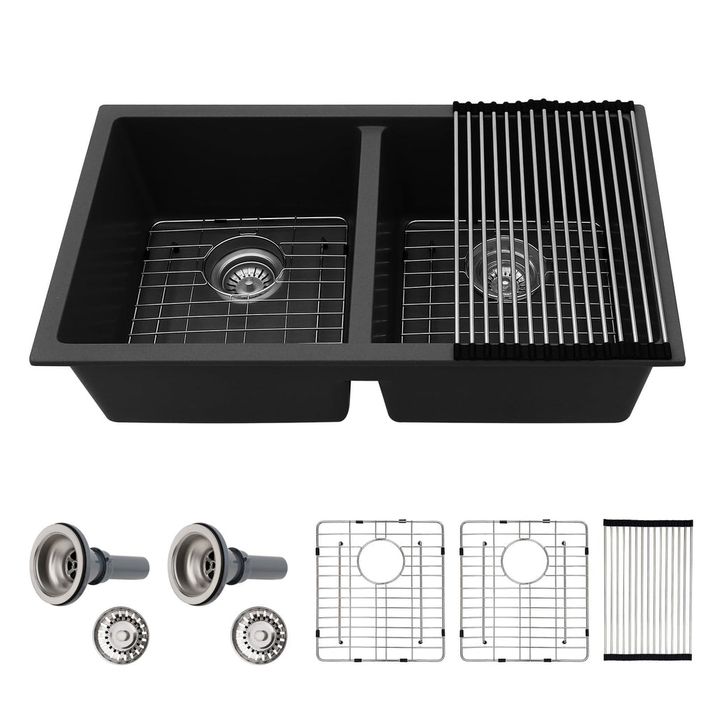 33 Black Granite Composite Kitchen Sink - 33"x19"Double Bowl Undermount Kitchen Sink Double Basin 50/50 Matte Black