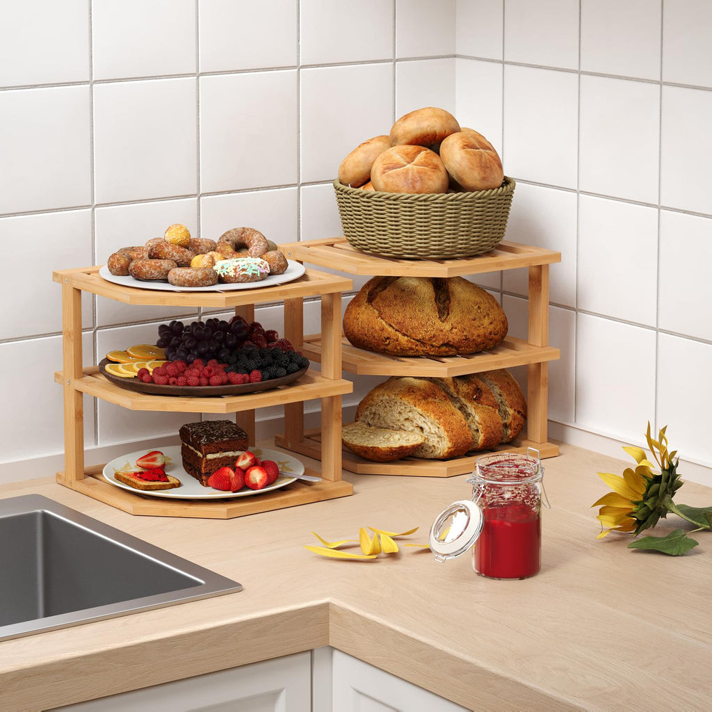 3 Tier Bamboo Dish Drying Rack, Corner Shelf 4 Pack(Natural)