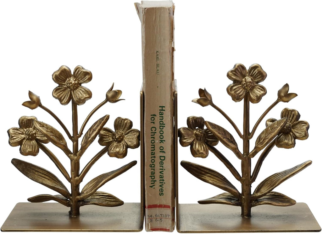 2-Piece Cast Metal Flower Bookends, Gold Finish