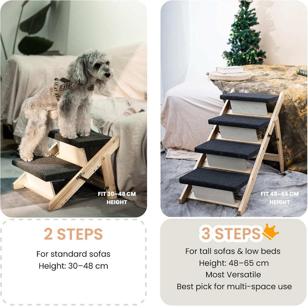 Wood Pet Stairs, 4-Step Dog Stairs for Beds, Couches & Cars, 25" H