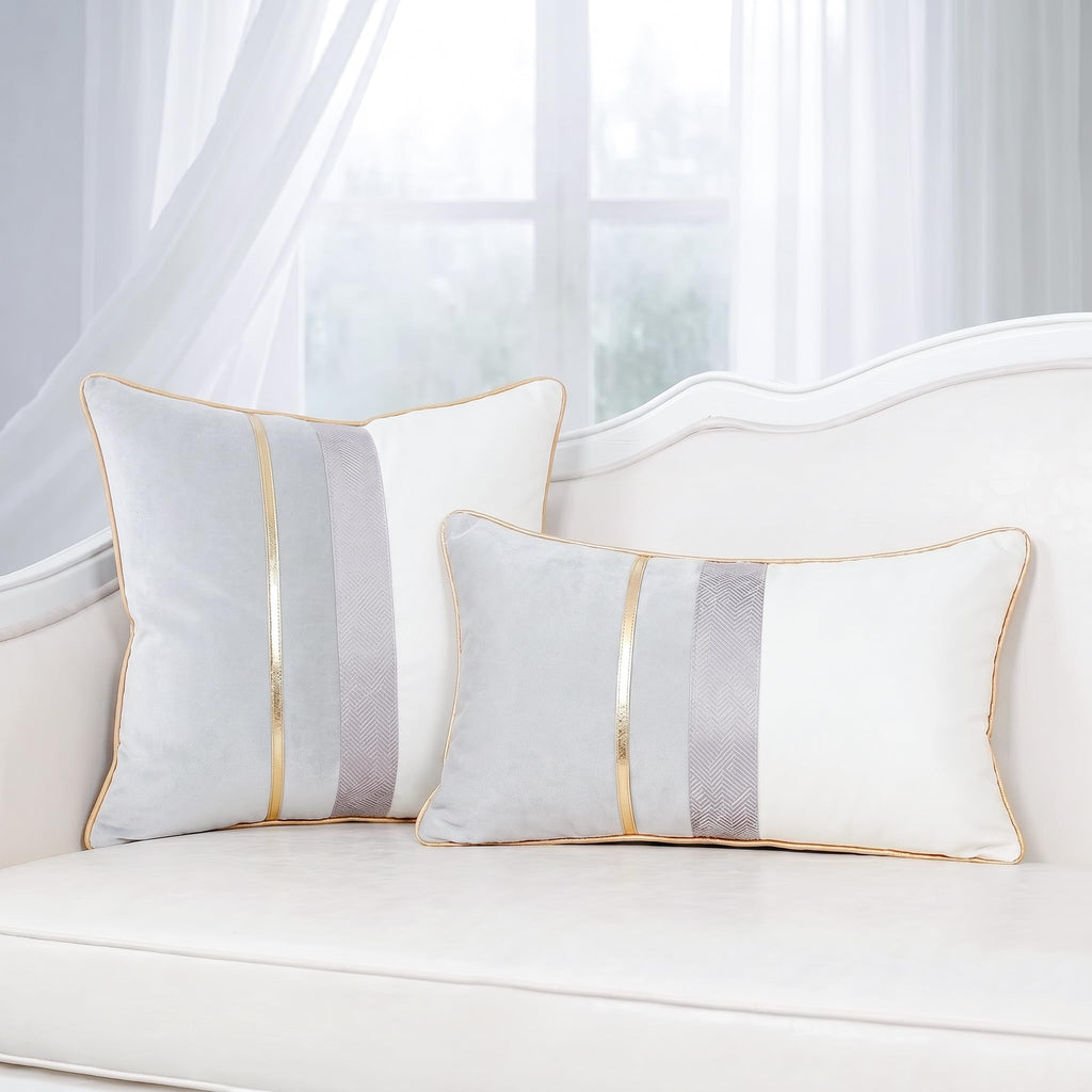 Patchwork Light Grey Silk-Like Velvet Throw Pillow Cover with Gold Striped Leather Cushion Case Modern Luxury Square