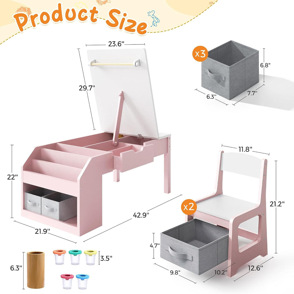 In-1 Kids Art Table and Chairs, Wood Toddler Table and Chair Set with Storage Drawers, Craft Play Desk for Kids