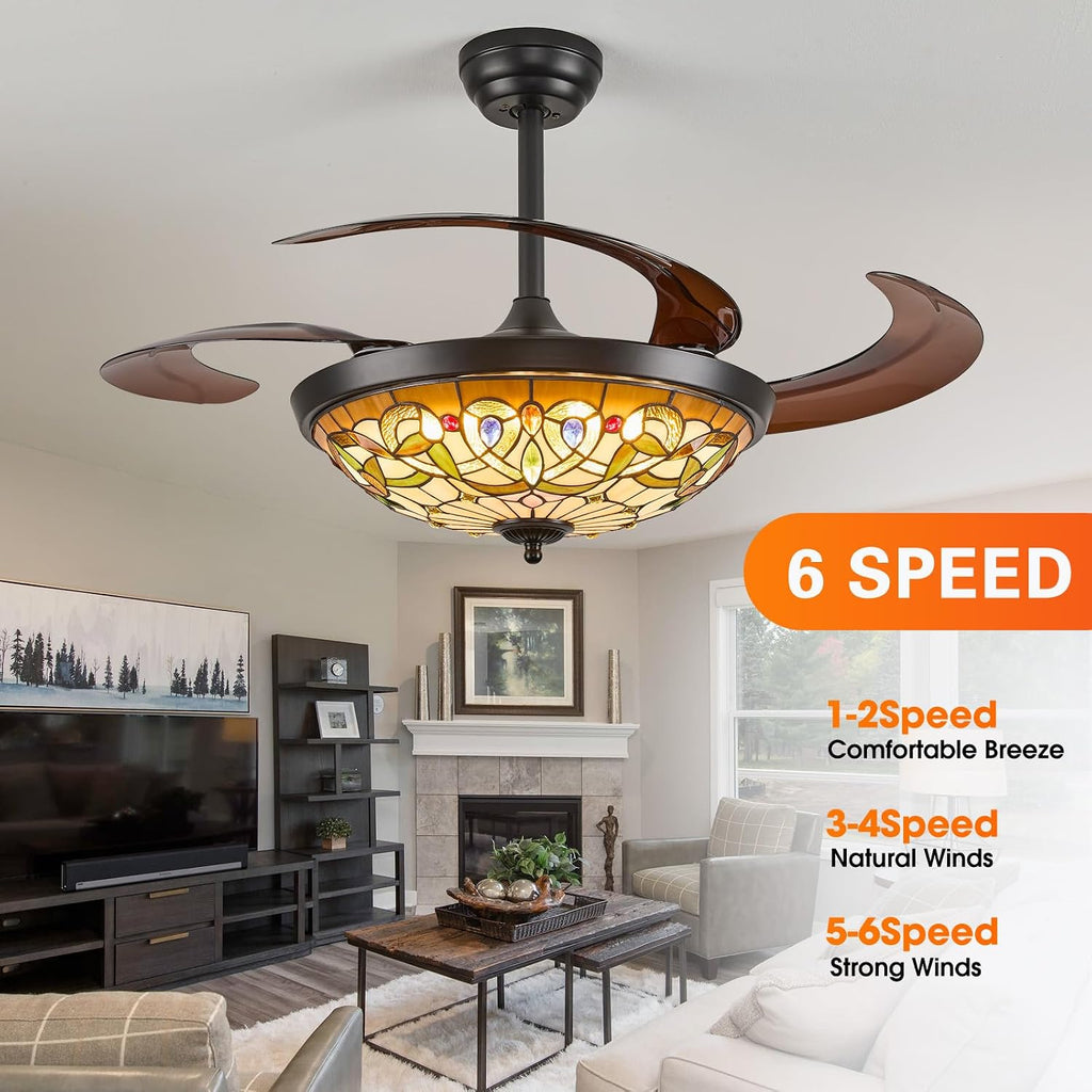 48" Tiffany Retractable Ceiling Fan with Light - (Gem Art, Black)