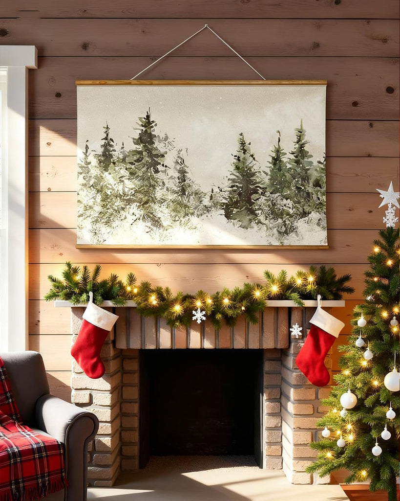 Extra Large Framed Wall Art, Winter Christmas Tree Print, 36x54 In