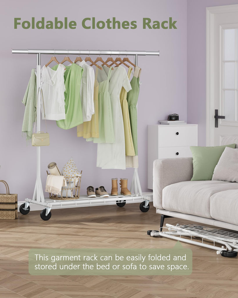 1-Minute Assembly Clothes Rack, 480 lbs Heavy Duty Rolling Clothing Racks with Wheels, Foldable Garment Rack