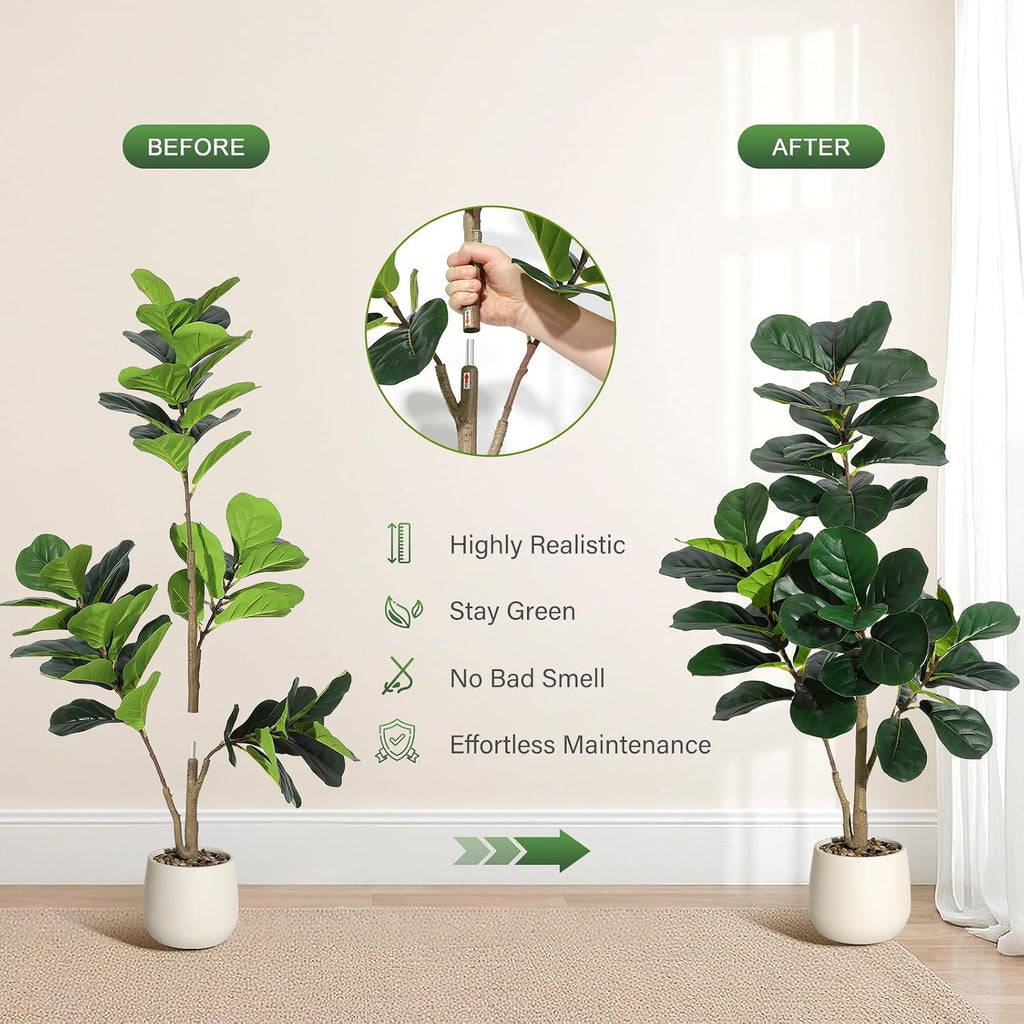 4 ft Fiddle Leaf Fig Tree Artificial with 48 Leaves - Realistic Faux Ficus Lyrata Trees in 7.8 in White Planter Pot