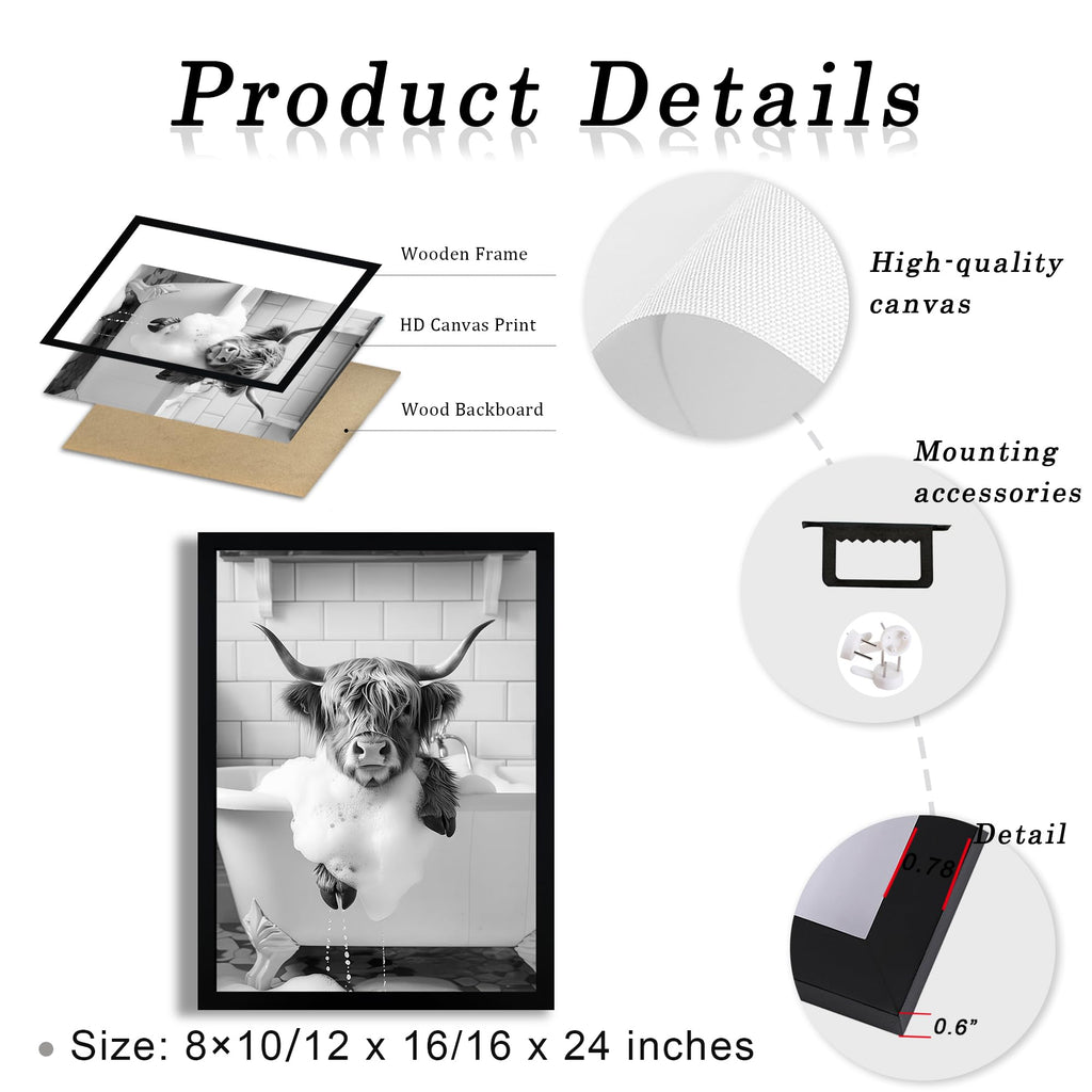 Black and White Highland Cow in Bathtub Canvas Wall Art 12x16 inch