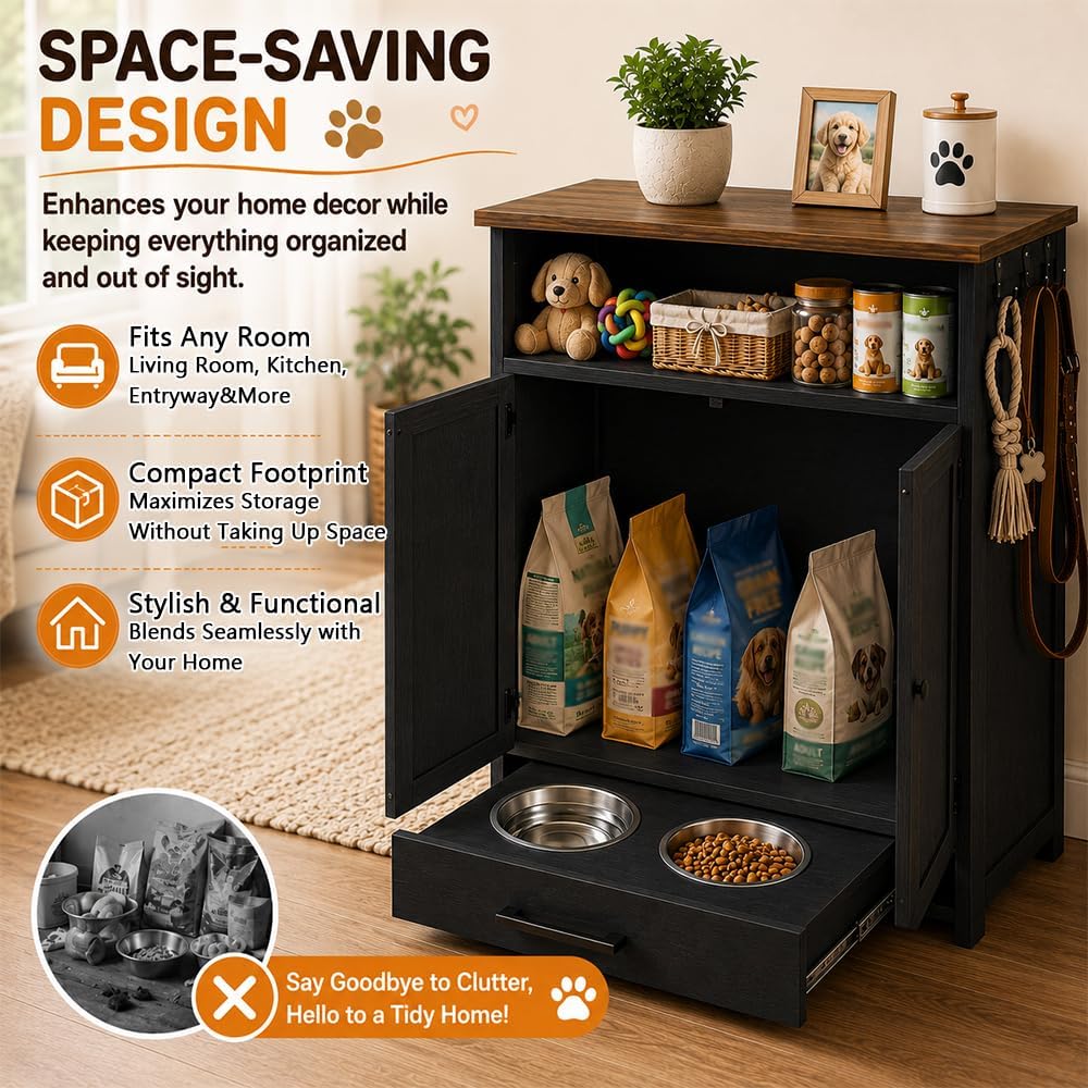 Dog Feeding Station with Storage Cabinet, Brown